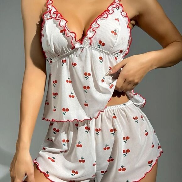 Cherry Print Lettuce Trim Cami Top and Shorts Pajama Set - Picture 5 of 8